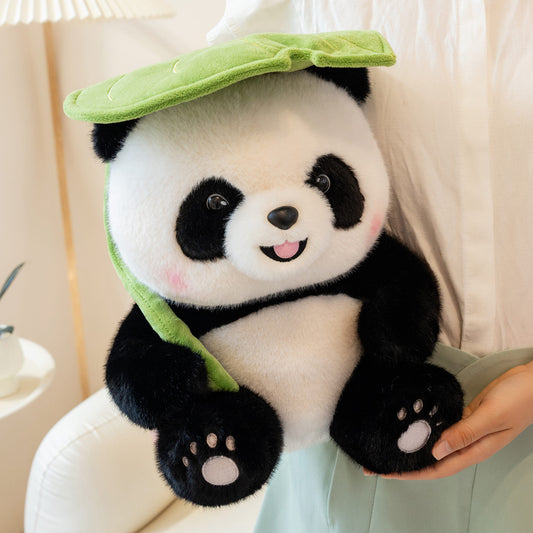 Cute Panda Plush Toy – Soft Stuffed Animal with Leaf Hat or Mahjong Block