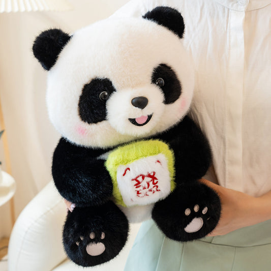 Cute Panda Plush Toy – Soft Stuffed Animal with Leaf Hat or Mahjong Block